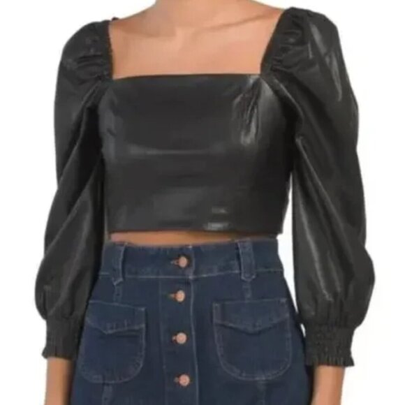 7 For All Mankind Tops - 7 FOR ALL MANKIND Faux Leather Blouson Sleeve Crop Top in Black Size Small